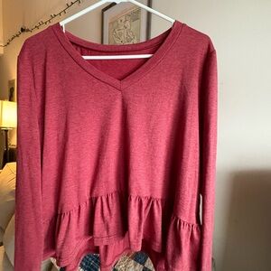 Red V-Neck Ruffle Hem Top